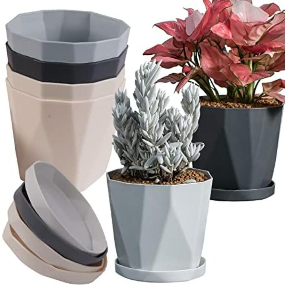 Garden Plant Pots Indoor Plastic Flower Outdoor Drain Hole 5 inch Set of 6 Pack